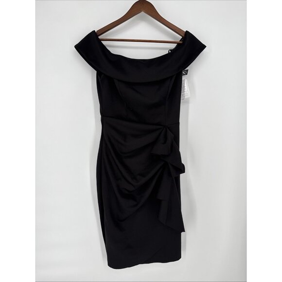 XSCAPE Off-The-Shoulder Size 10 Black Ruched Bodycon Cocktail Midi Dress $209 - Picture 3 of 9